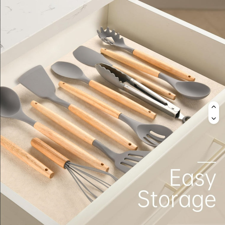 Non Stick Silicon 12 Pcs Heat Resistant Wooden Handle Kitchen Cooking - Image 4