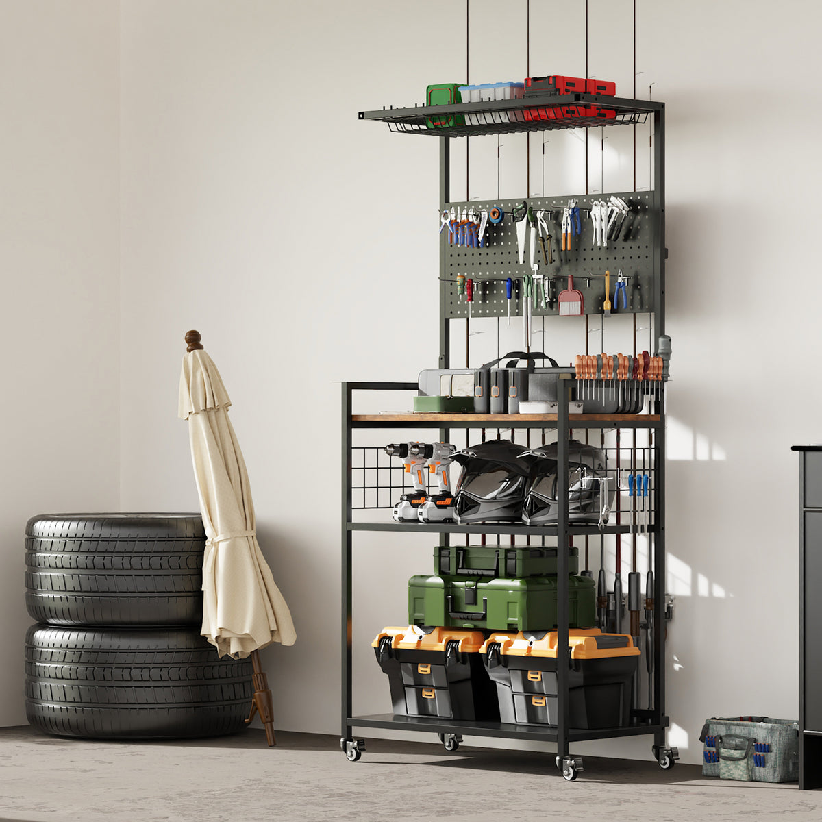 Fishing Rod Storage Rack With Pegboard Rolling Tackle Organizer Cart