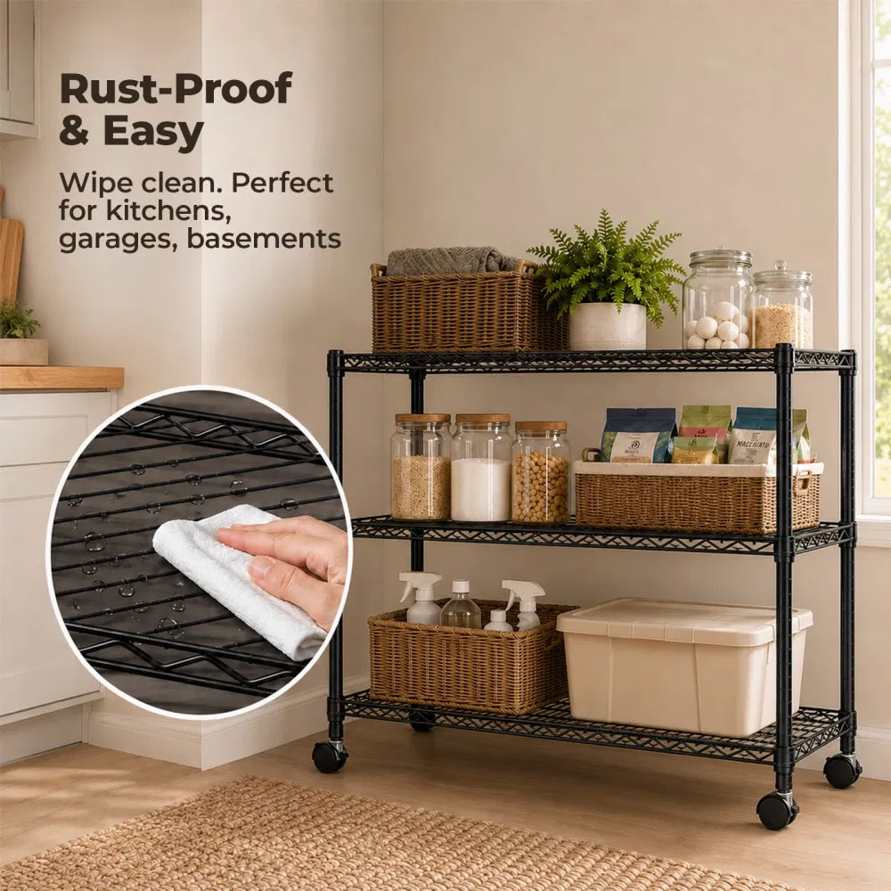 3 Tier Heavy Duty Adjustable Metal Shelf With Wheels No Tool Assembly Suitable - Image 2