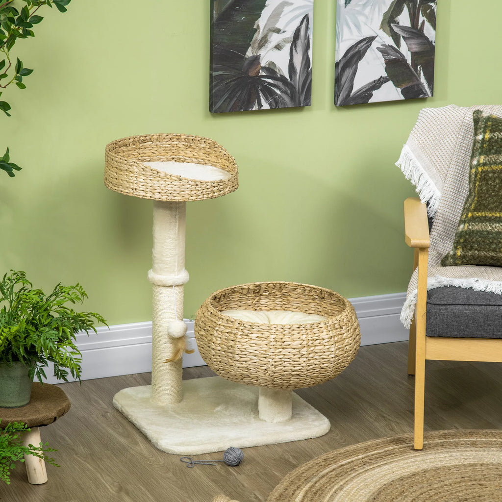 28" Cat Tree with Scratching Post Cat Tower with Double Beds Beige - Image 2
