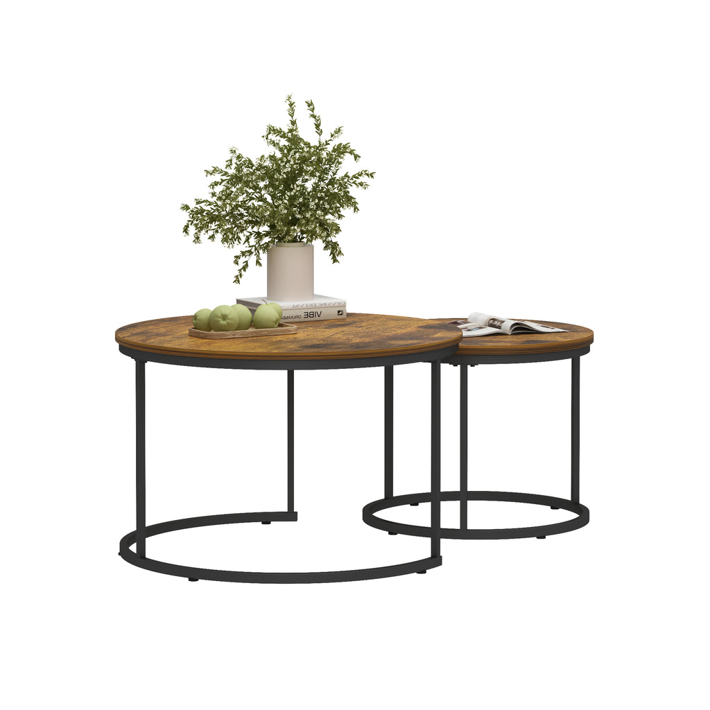 Nesting Coffee Table Set of 2 27.6inch Round Coffee Table Industrial Wood - Image 3