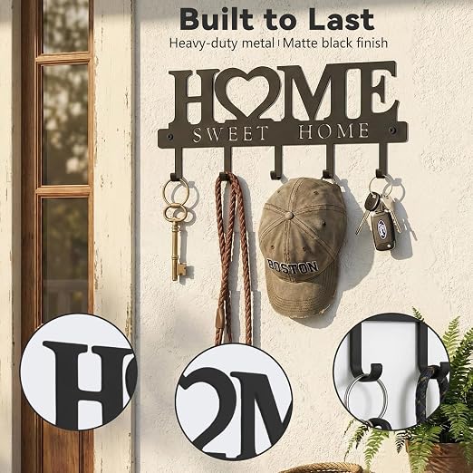 Black Metal Wall Mounted Key Holder With Hooks Decorative Entryway Organizer