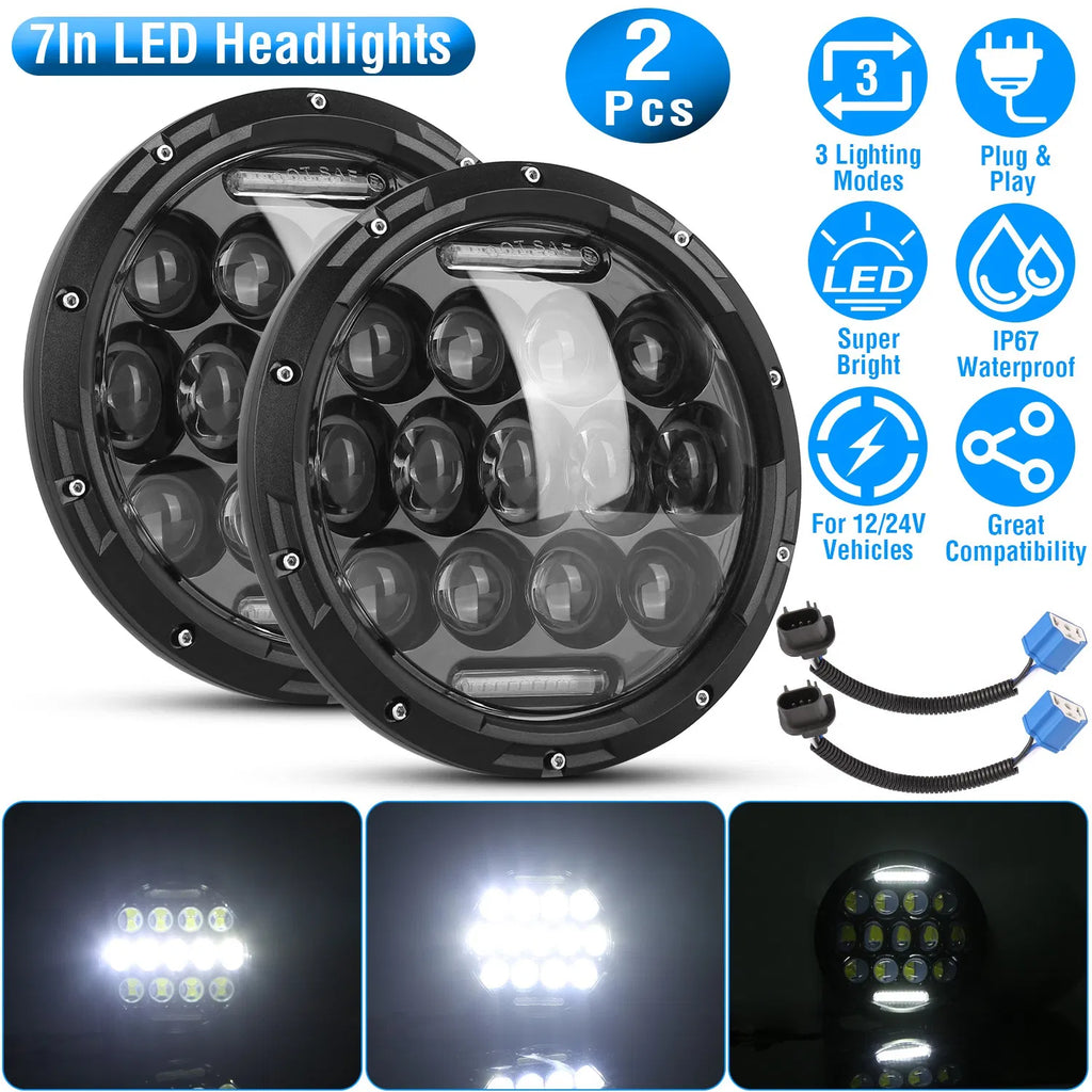 2Pcs 7In 75W Round LED Headlight 3500LM Halo Car Headlamp with DRL High Low - Image 5