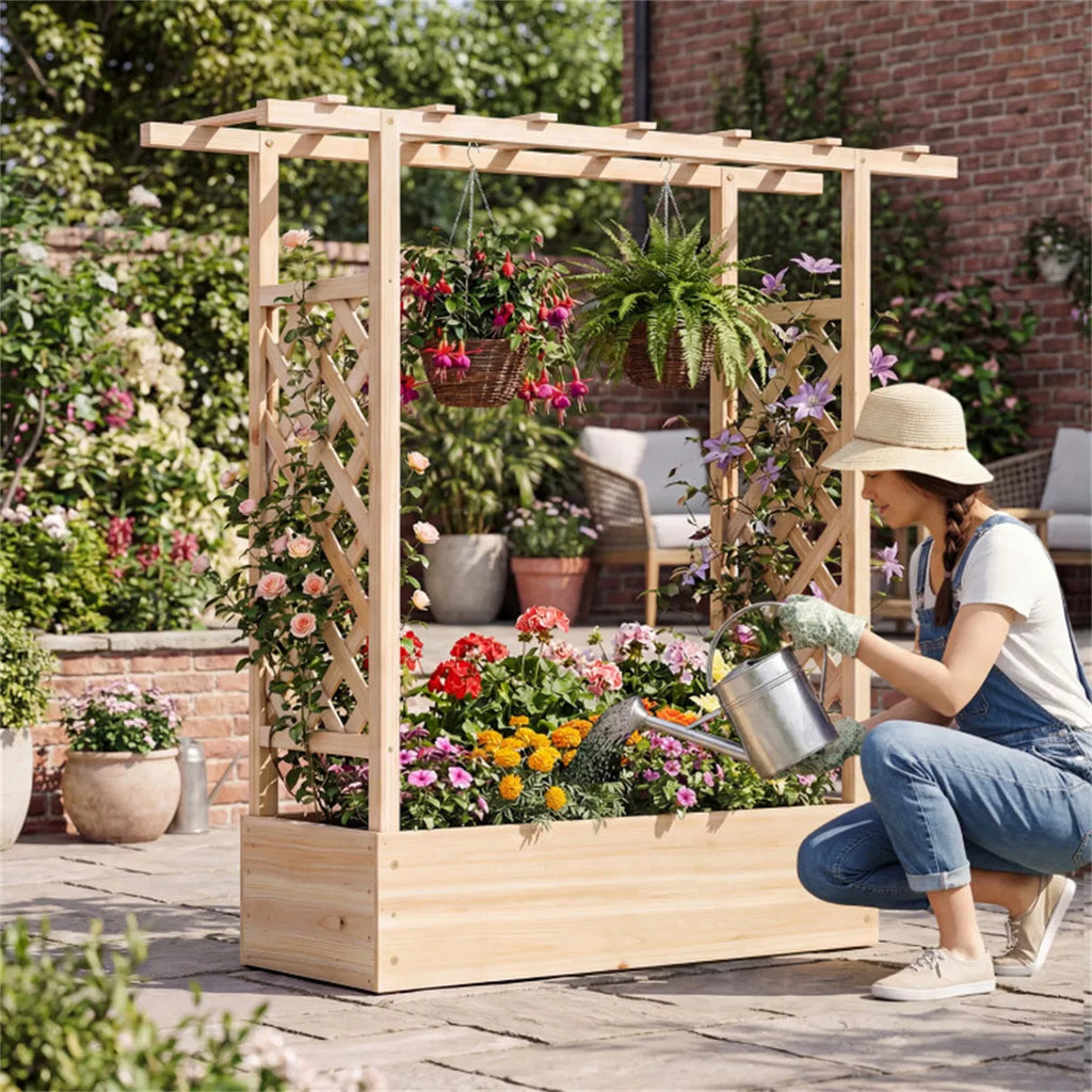Fir Wood Raised Garden Bed with Side Trellis 109.22×35.56×114.30 cm Planter - Image 5