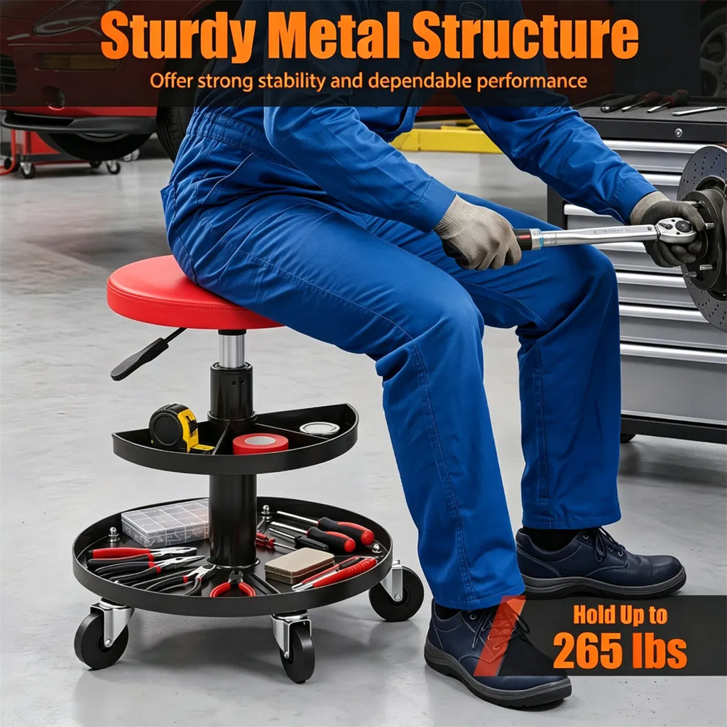 Adjustable Pneumatic Rolling Mechanic Stool with 2 Tier Tool Tray Red - Image 3