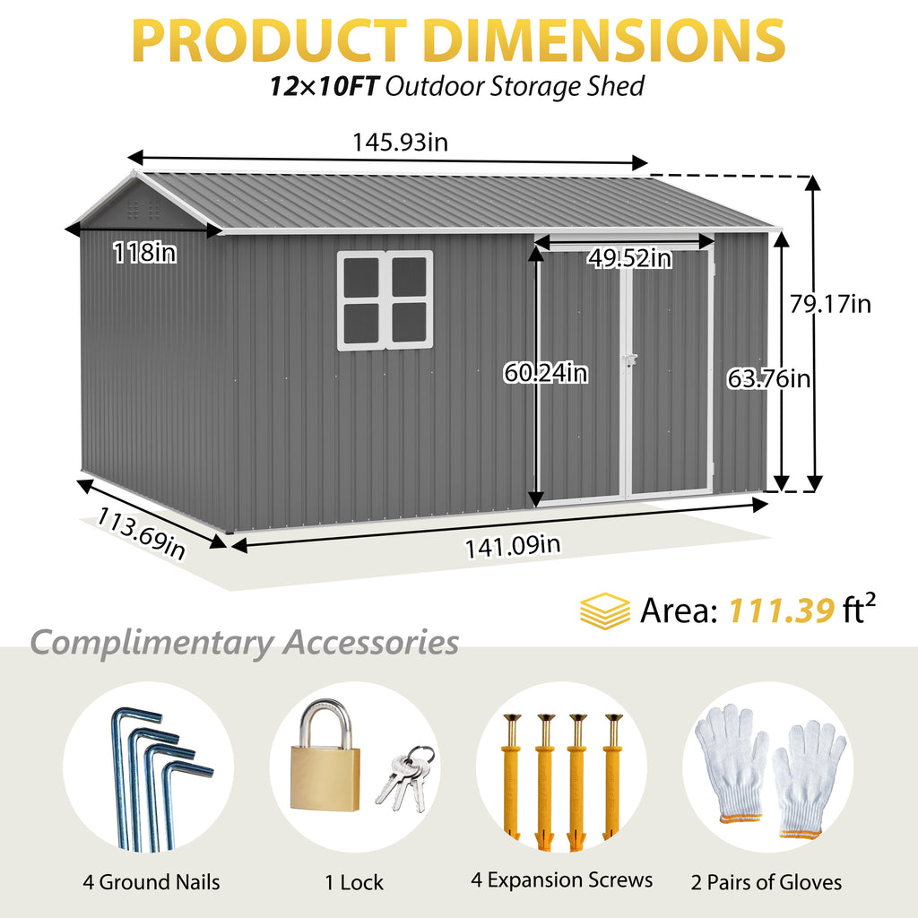 12x10 FT Outdoor Storage Shed Metal Large Garden Tool Sheds Outdoor with - Image 5