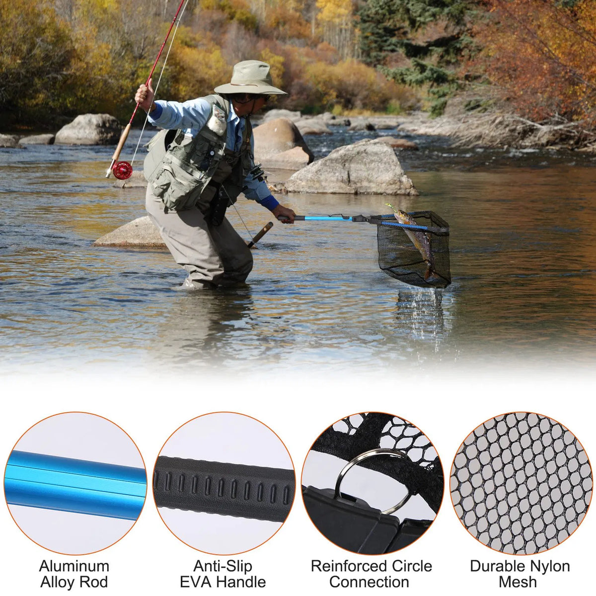Foldable Fishing Net With Aluminum Alloy Rod EVA Handle Durable 5MM Hexagonal