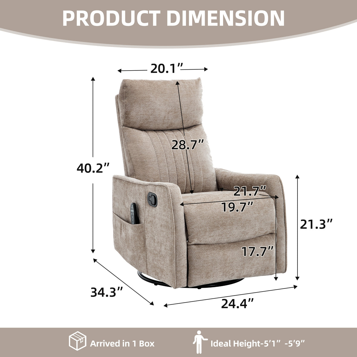Khaki Heat Massage Manual Recliner Chair with Rocker and Swivel in Fabric for