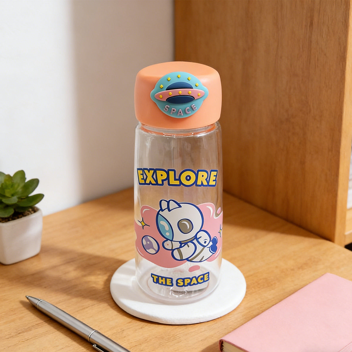Astronaut Cat Plastic Bottle 400ml Pink - Image 5