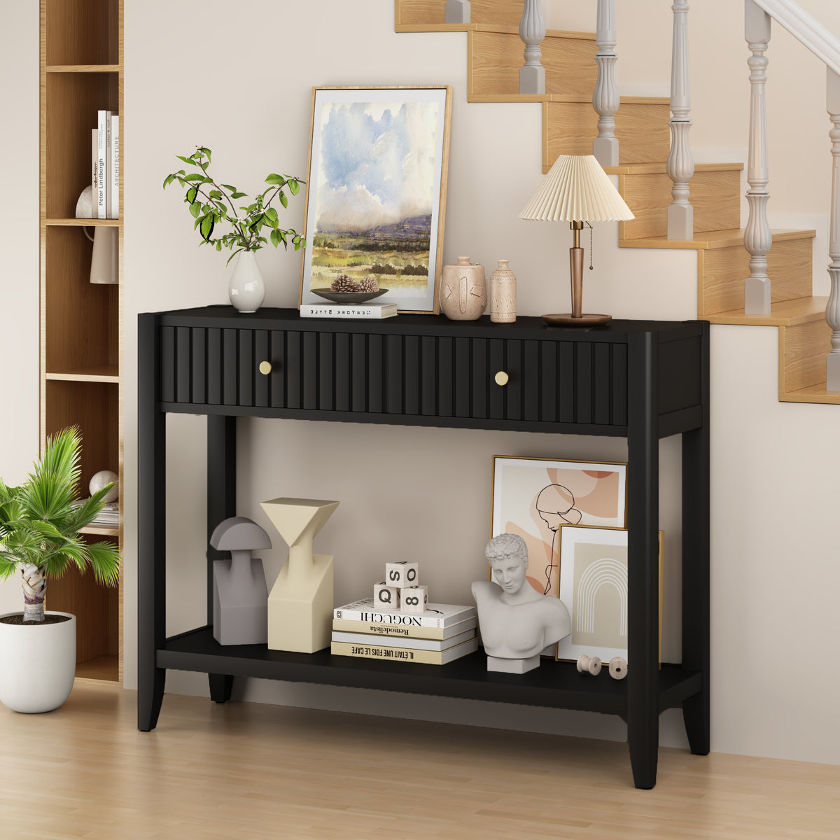 Black Narrow Console Table with Drawers and Storage Shelf