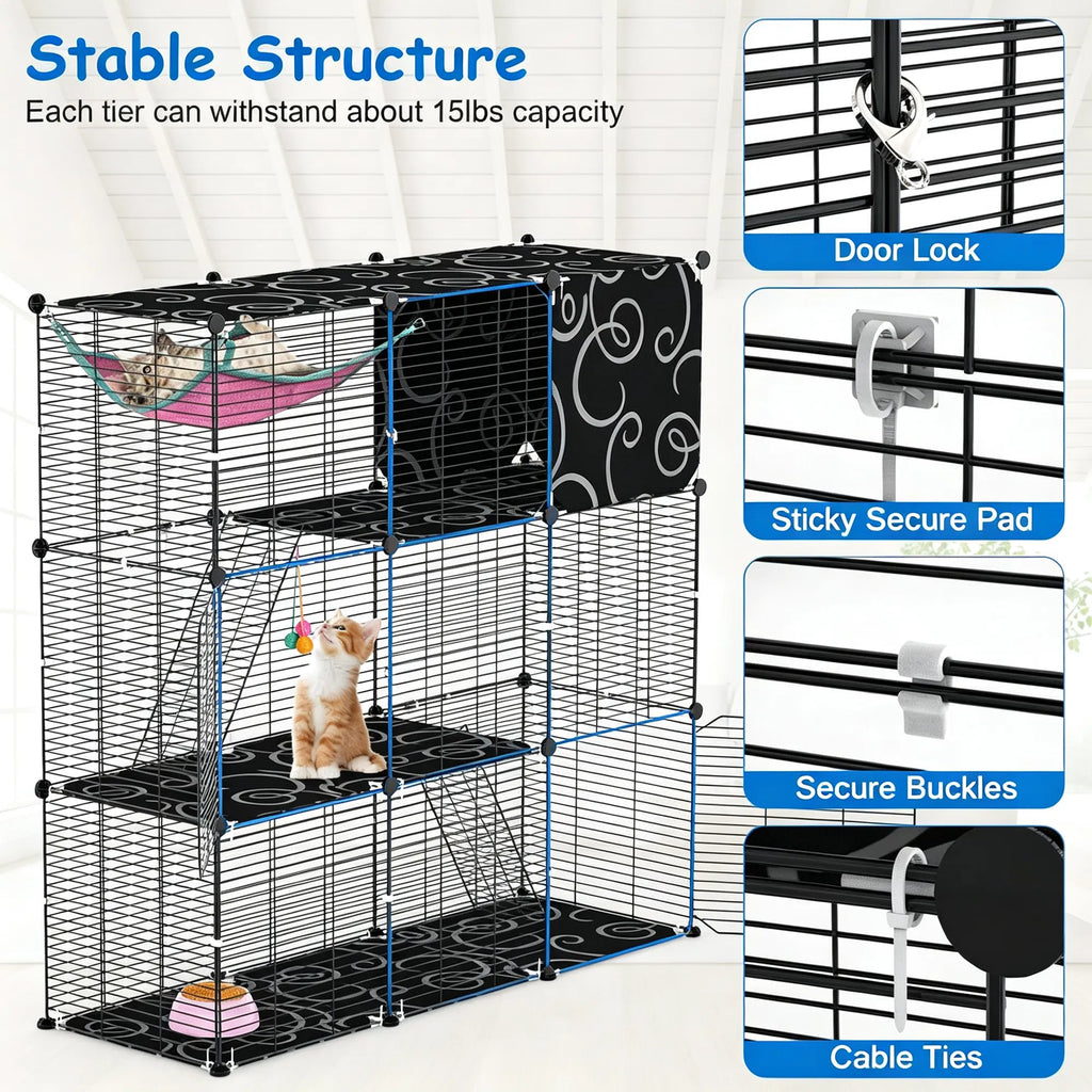3 Level Metal Cat Cage Enclosure Modular Pet Habitat with 3 Doors 2 Ladders - Image 5