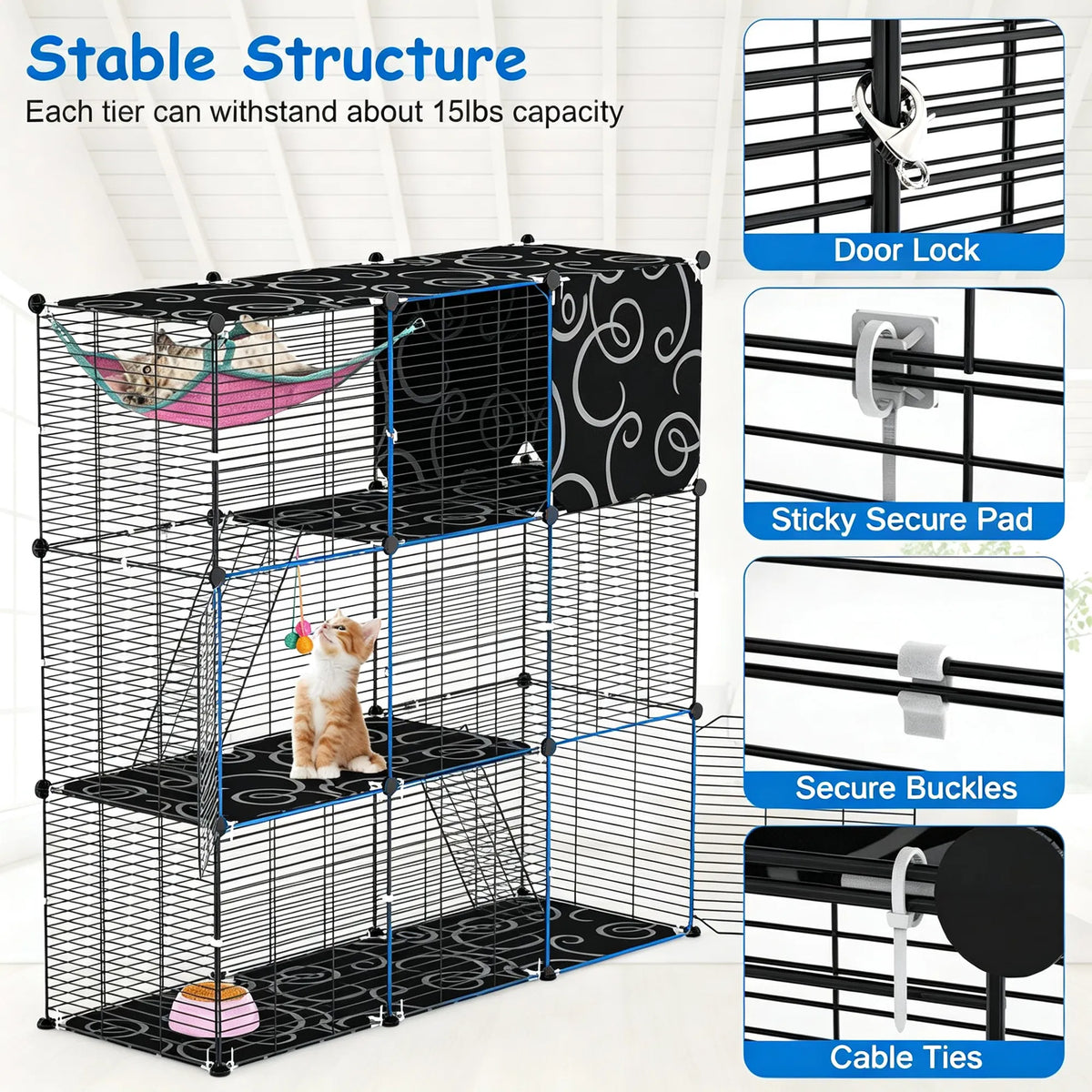 3 Level Metal Cat Cage Enclosure Modular Pet Habitat with 3 Doors 2 Ladders - Image 5