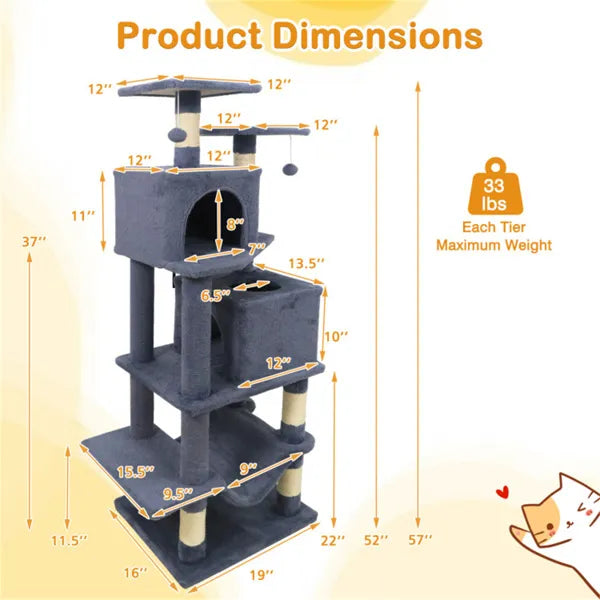 57" Multi Level Cat Tree For Multi Cat Households 2 Condos & Hammock With - Image 2