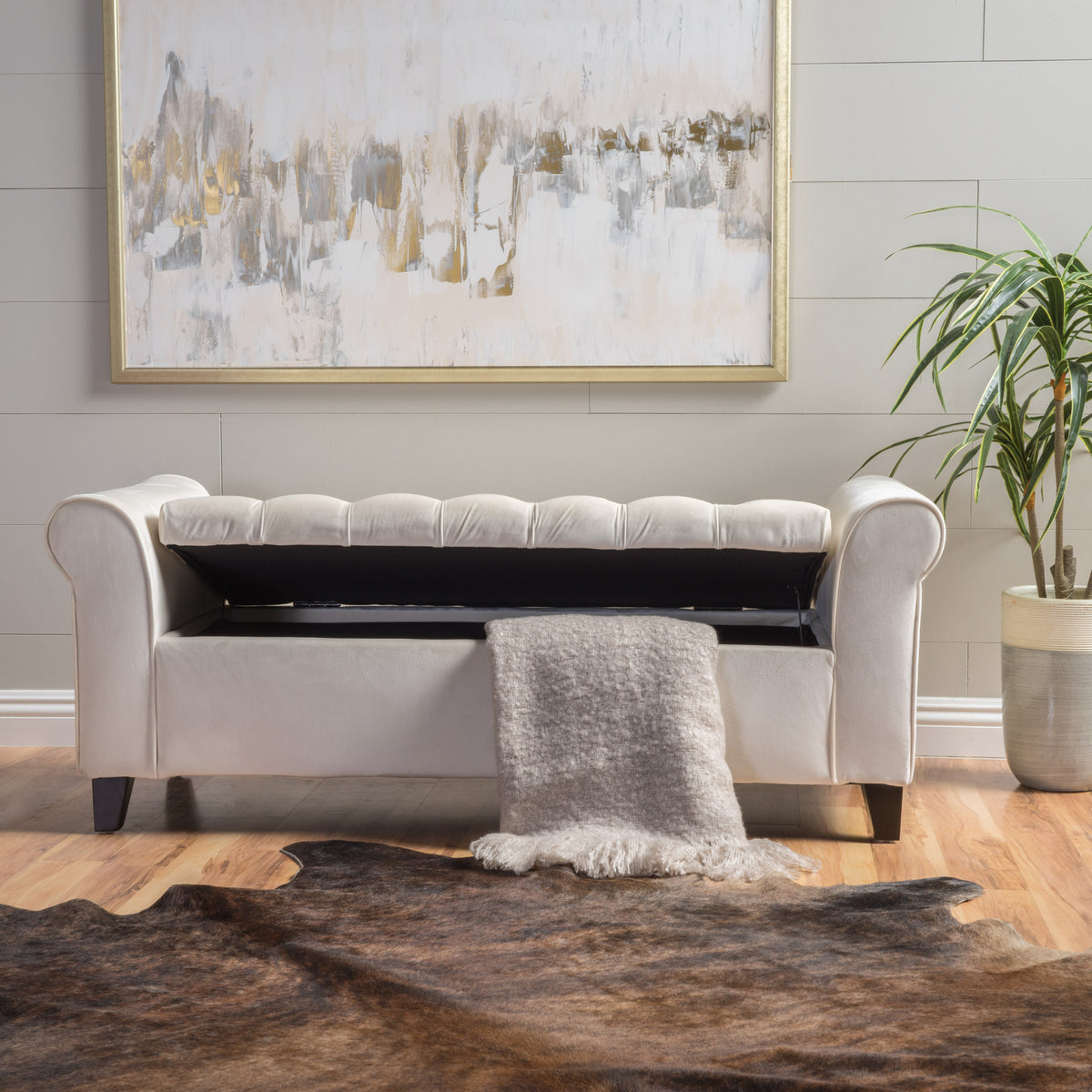 Ivory Upholstered Storage Bench with Rolled Arms