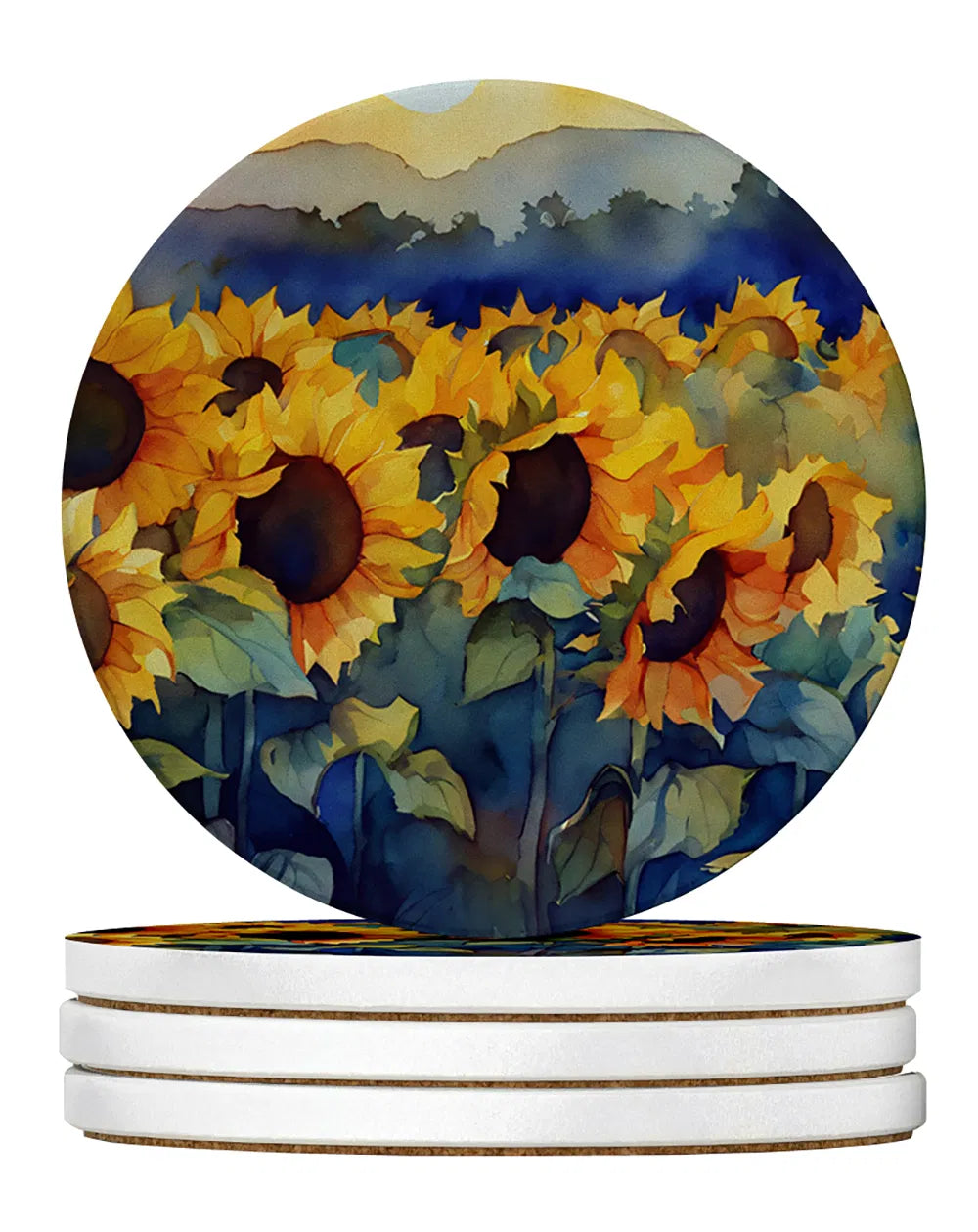 Sunflowers in Watercolor Large Sandstone Coasters Pack of 4 Absorbent Round - Image 2