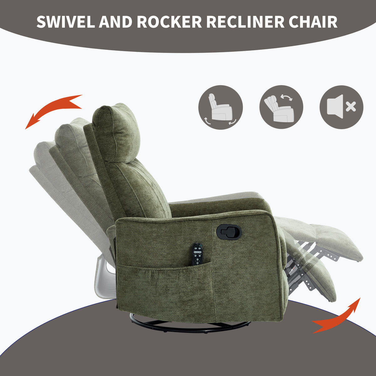 Green Heat Massage Manual Recliner Chair with Rocker and Swivel in Fabric for - Image 3
