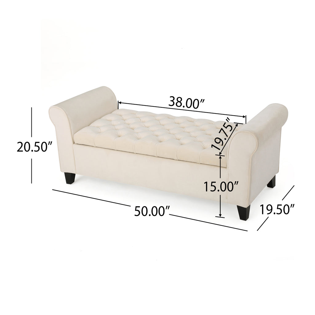 Ivory Upholstered Storage Bench with Rolled Arms