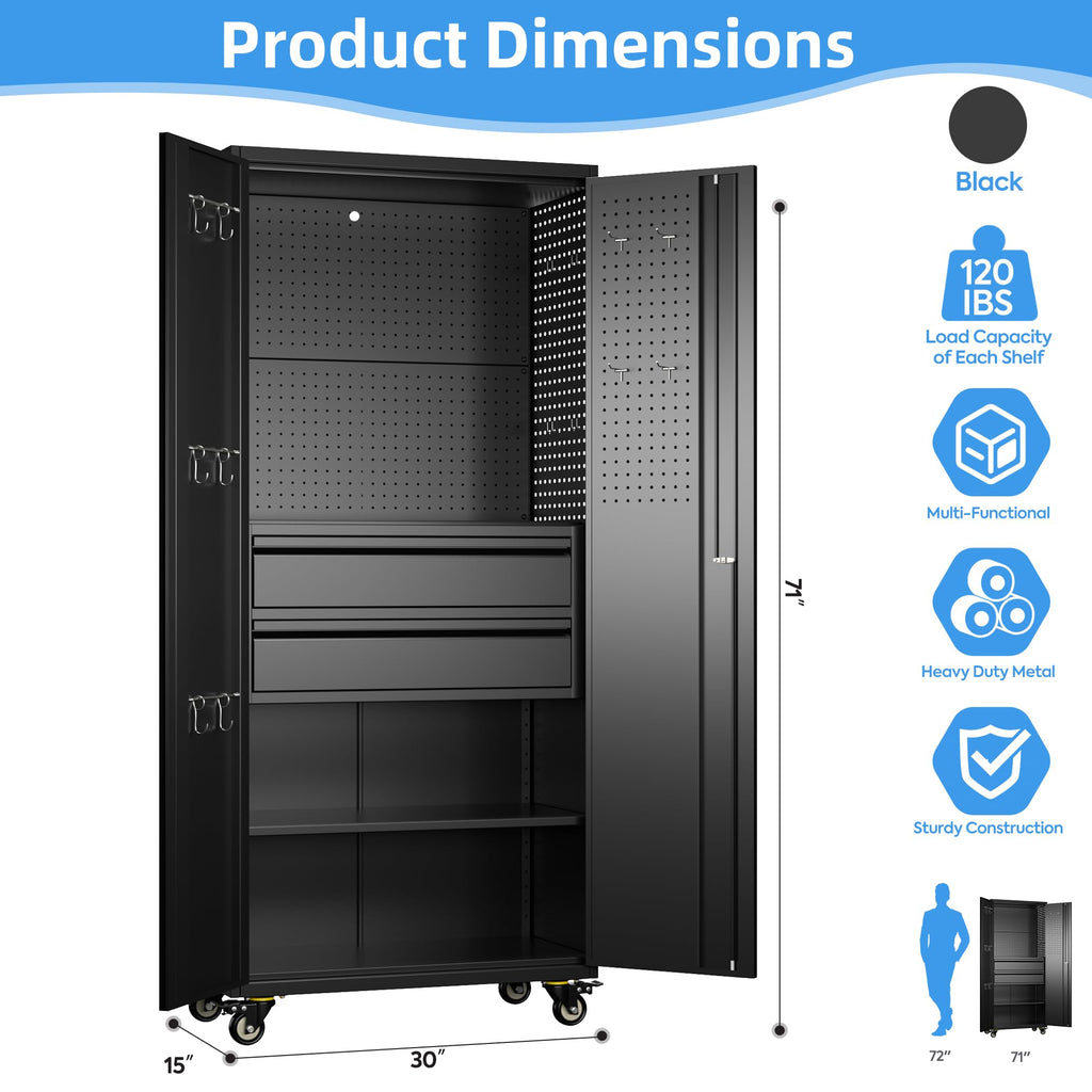 METAN 71inch Lockable Metal Tool Cabinet With 2 Drawers 4 Wheels & Pegboards - Image 3