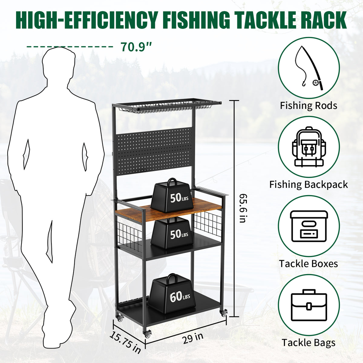 Fishing Rod Storage Rack With Pegboard Rolling Tackle Organizer Cart - Image 2