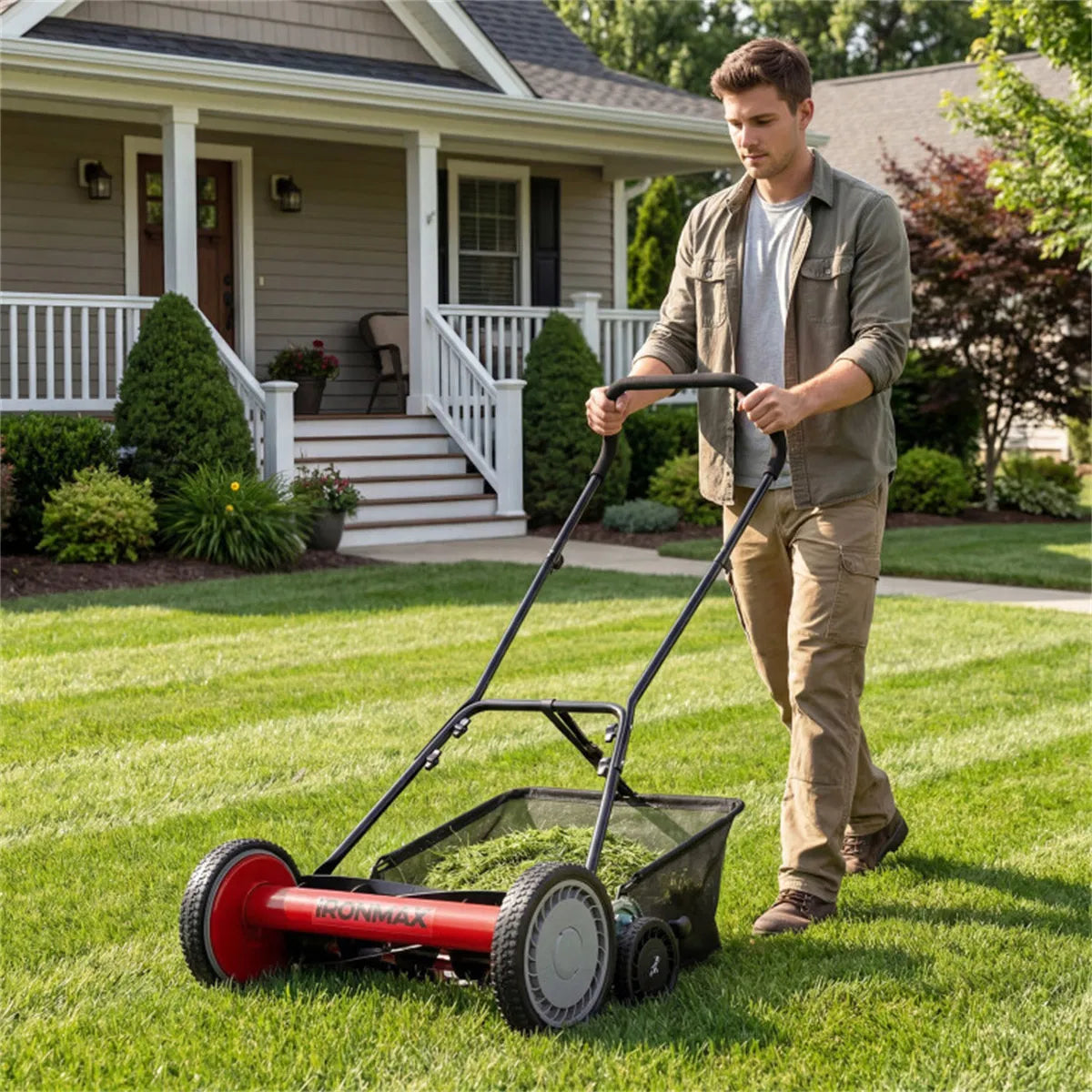 18 Inch 5 Blade Push Reel Lawn Mower with Grass Catcher Manual Walk Behind - Image 4