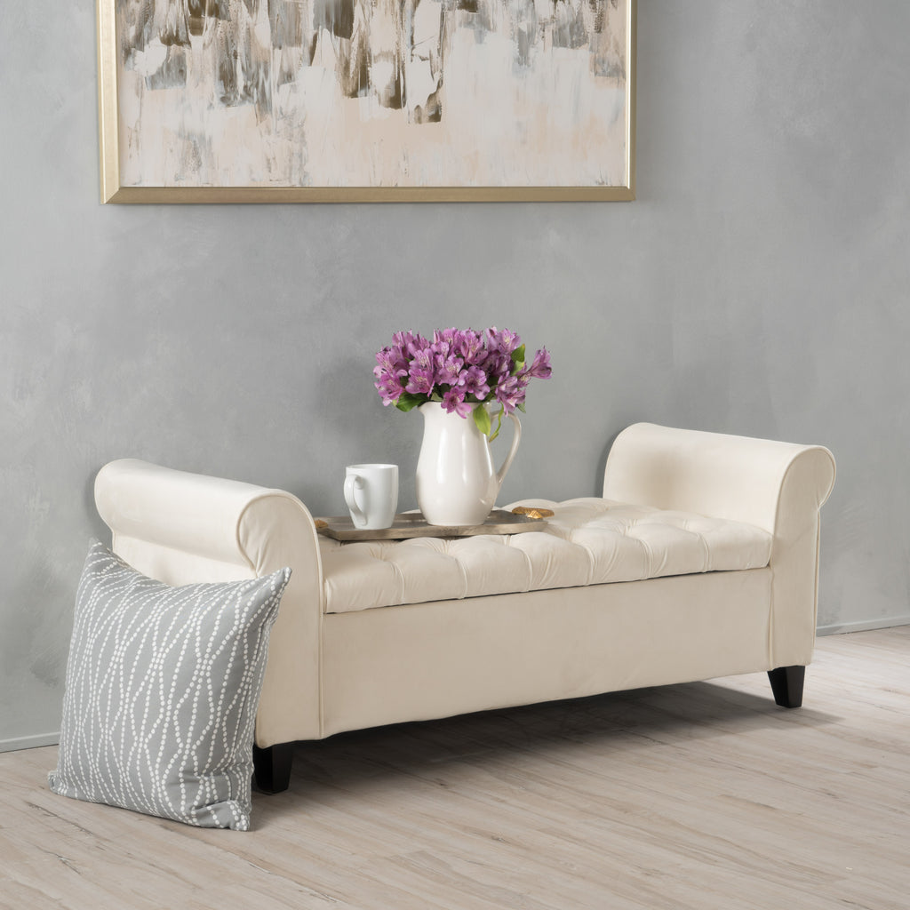 Ivory Upholstered Storage Bench with Rolled Arms