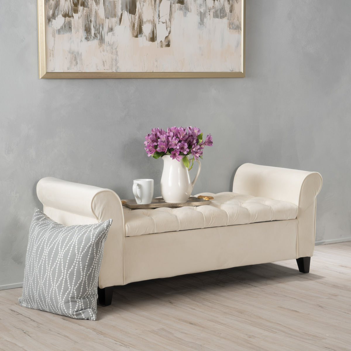 Ivory Upholstered Storage Bench with Rolled Arms