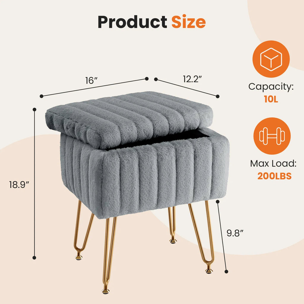 Vanity Stool Chair with Storage Ottoman Faux Fur Soft Padded Makeup Footstools - Image 2