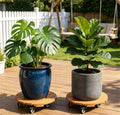 Set of 2 Natural Finish Wooden Plant Pot Mover Portable Round Plant Stand with