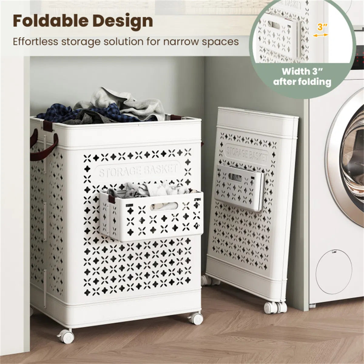 20 Gallon Foldable Laundry Hamper With Mini Hanging Basket PP Hollow Design - Image 8