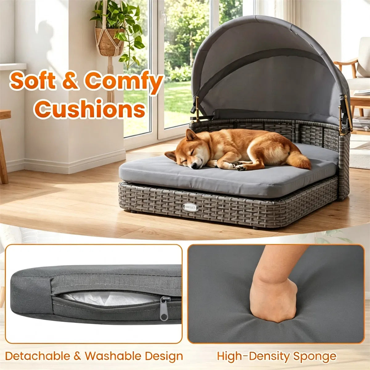Gray Hand Woven PE Rattan Dog Bed with Adjustable Canopy Elevated Outdoor Pet - Image 2