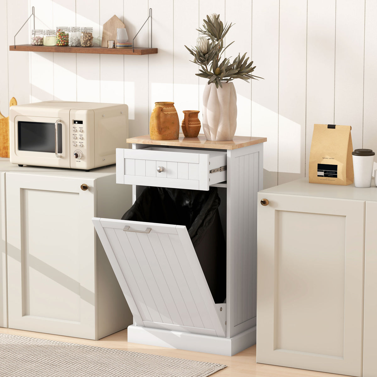 10 Gallon Tilt Out Trash Cabinet Wooden Hidden Trash Can with Storage Drawer - Image 2