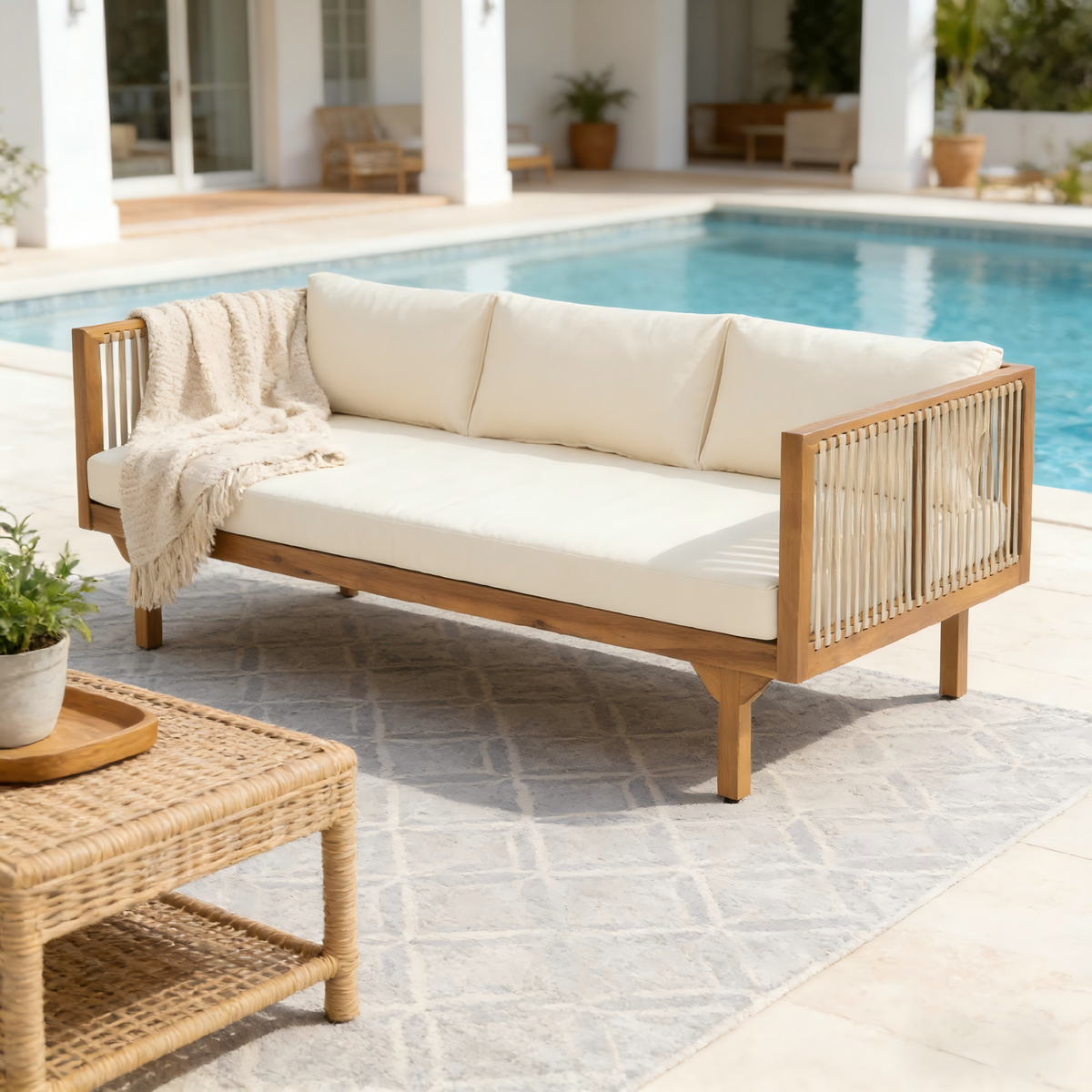 Outdoor Patio Sofa with Acacia Wood Frame and Rope Detail