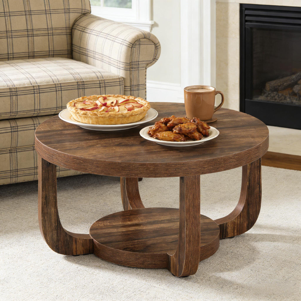 Two-Tier Round Rustic Brown Coffee Table