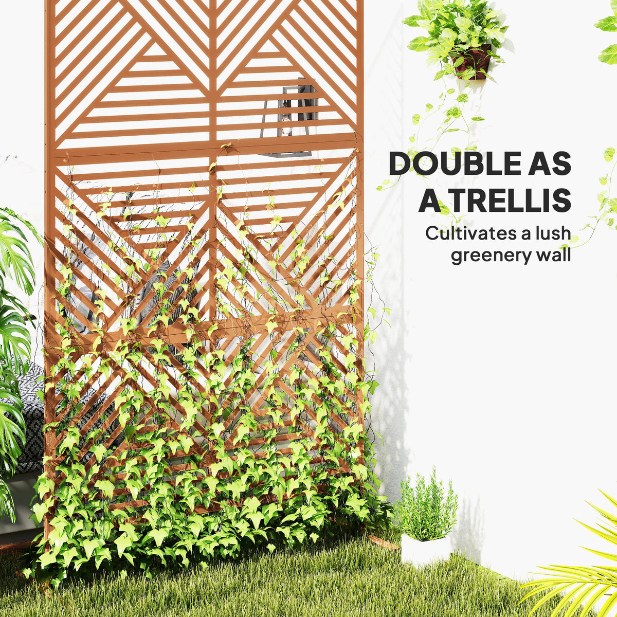 Decorative Privacy Fence Screen Metal Outdoor Privacy Screen Climbing Plant Trellis with Stand Rhombus Brown - In-Use and Feature Display