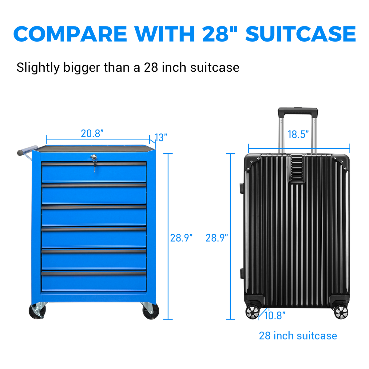 20-Inch Rolling Metal Tool Chest 6 Drawers Blue Steel Workshop Cabinet - Open Drawers View