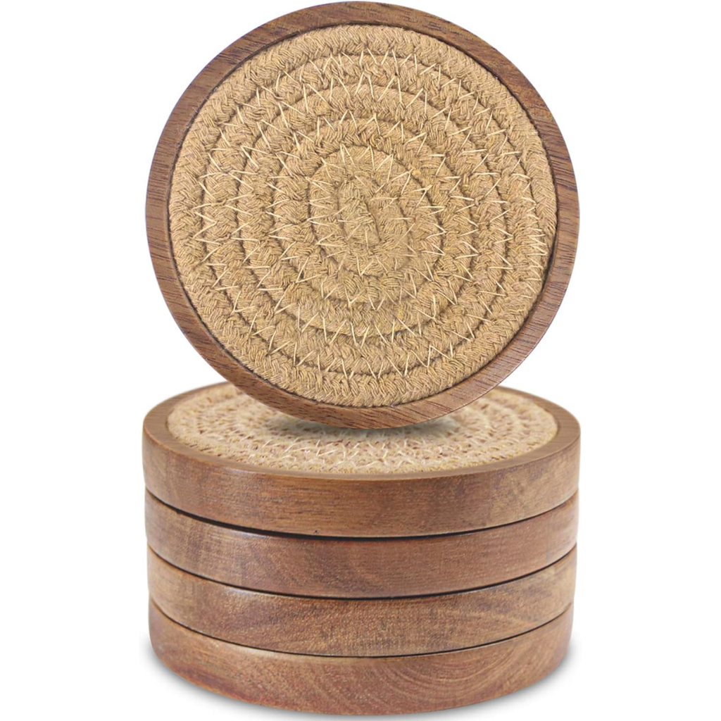 5 Pack 4 Inch Wood Drink Coasters Absorbent Woven Coaster Set For Coffee Table