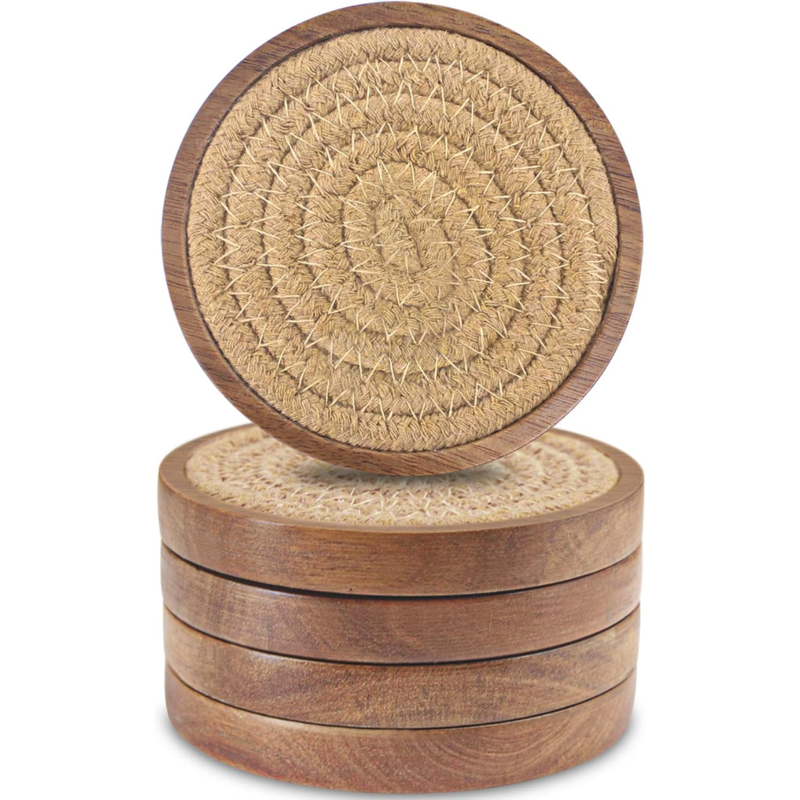 5 Pack 4 Inch Wood Drink Coasters Absorbent Woven Coaster Set For Coffee Table