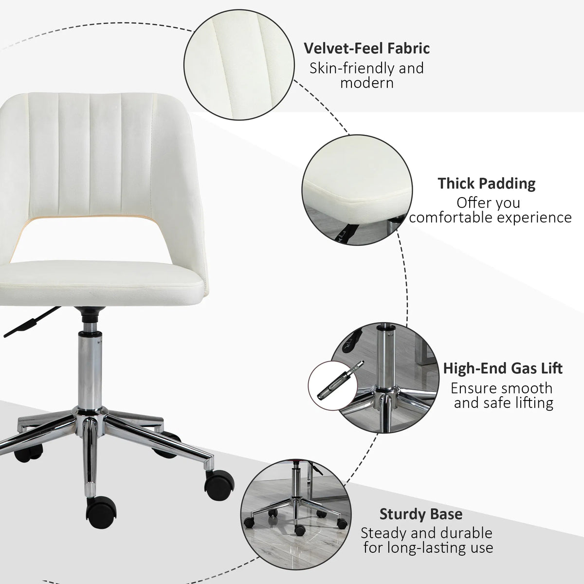 Mid Back Office Chair Velvet Fabric Swivel Scallop Shape Computer Desk Chair - Image 3