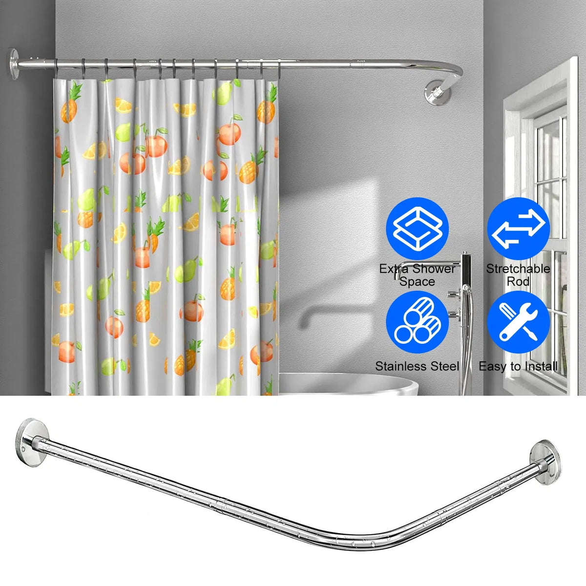 Adjustable L Shaped Curved Shower Rod Premium Stainless Steel Rust