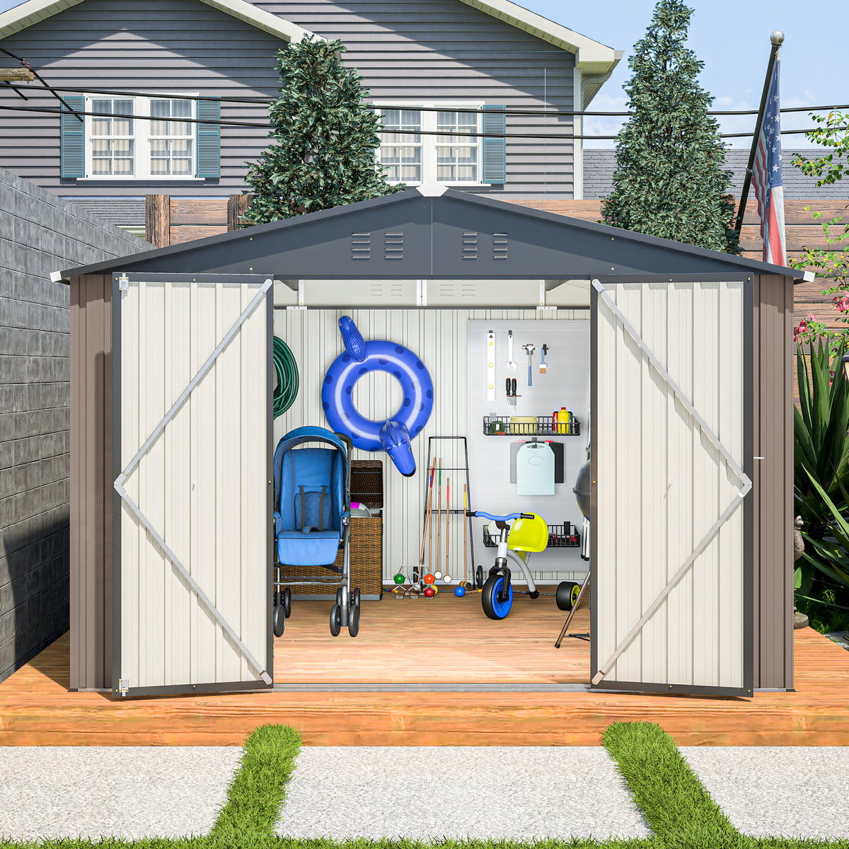 10' x 10' Metal Storage Shed for Ourdoor Steel Yard Shed with Design of - Image 4