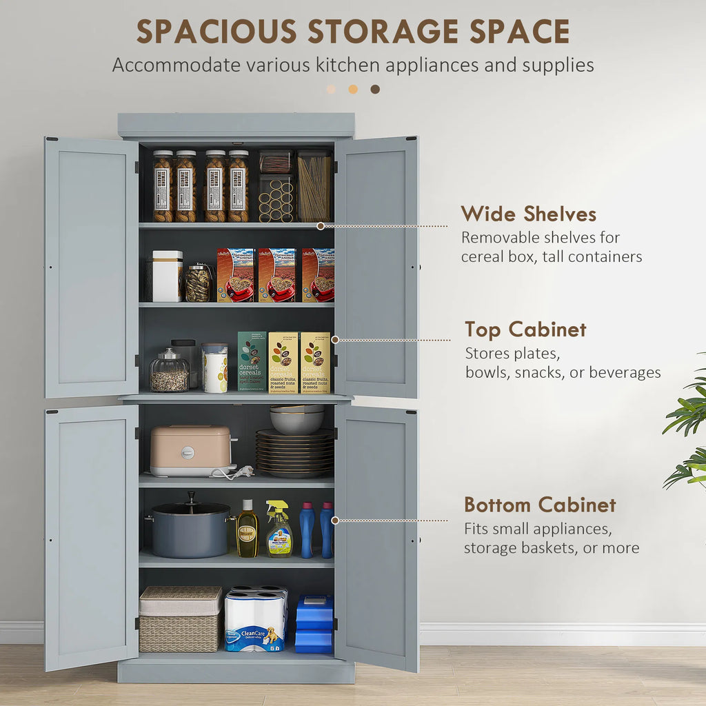 72.5" Freestanding Kitchen Pantry Cabinet with 4 Doors Grey - Image 2