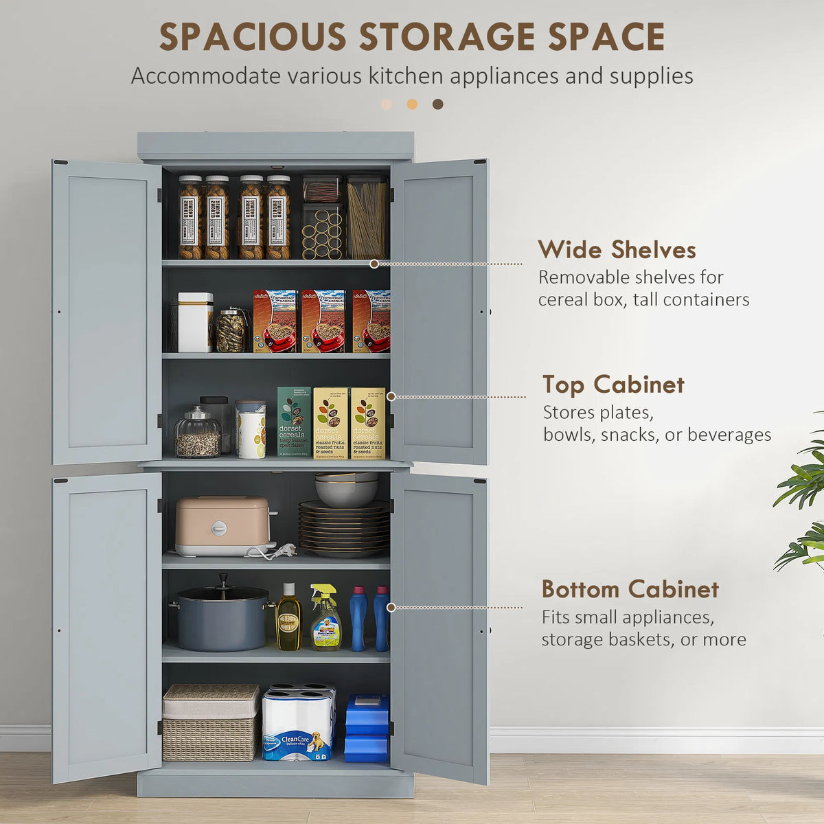 72.5" Freestanding Kitchen Pantry Cabinet with 4 Doors Grey - Image 2