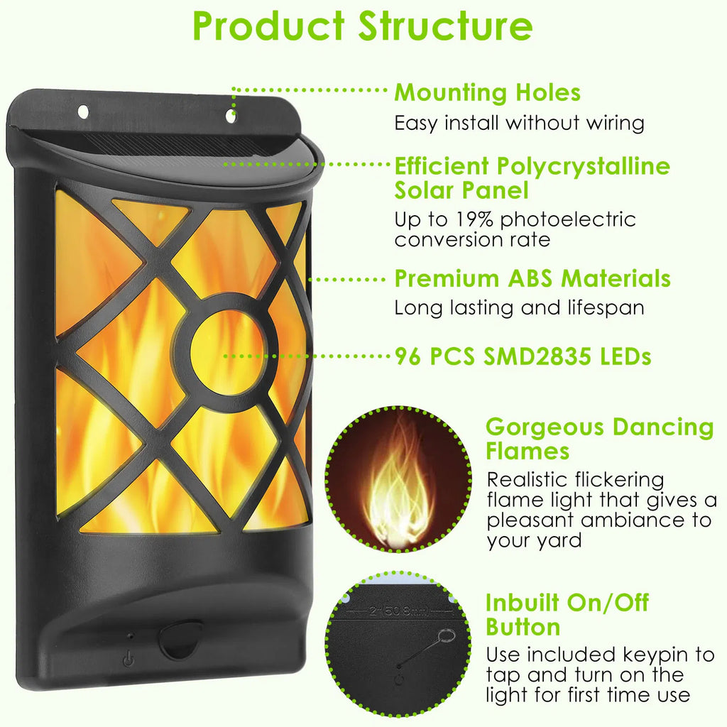 96 LED Dancing Flame Solar Stake Lights with Light Sensor Auto On Off 1200mAh - Image 2