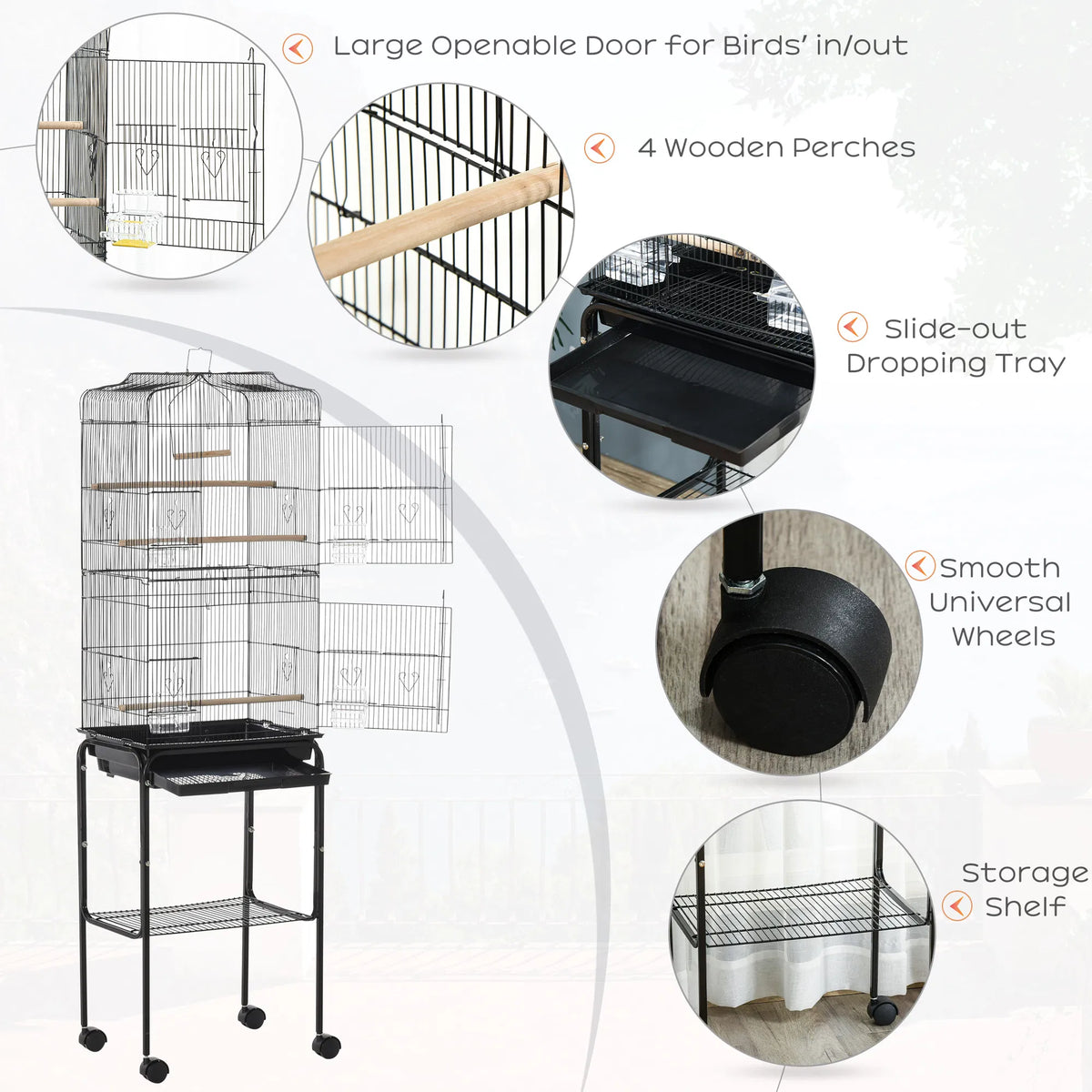 62" Rolling Bird Cage Cockatoo House Play Top Finch Pet Supply with Storage