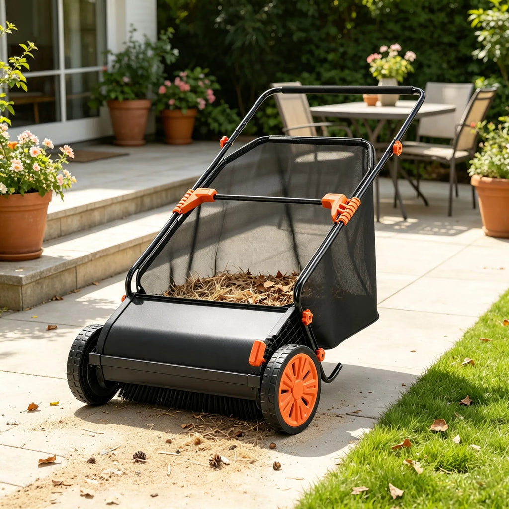 26" Push Lawn Sweeper 7 cu. ft. Leaf & Grass Collector with Adjustable Brush - Image 3
