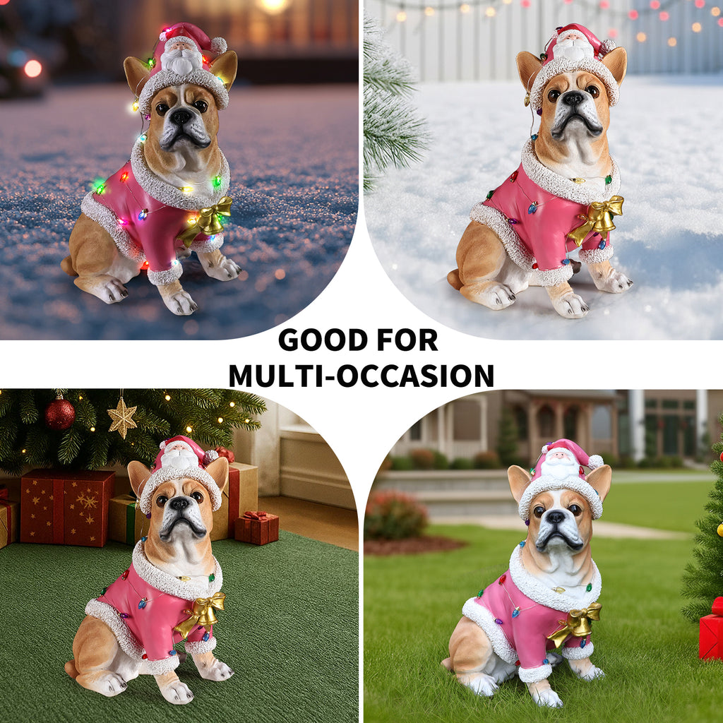 Christmas French Bulldog Statue Holiday Dog Figurine in Pink Santa Outfit