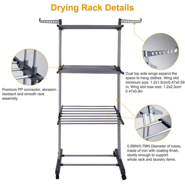 Clothes Drying Rack Rolling Collapsible Laundry Dryer Hanger Stand Rail Shelve - Image 2