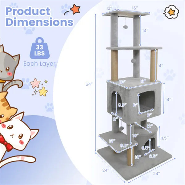 64" Light Gray Cat Tower With Plush Perches & 3 Dangling Balls Jute Scratching - Image 2
