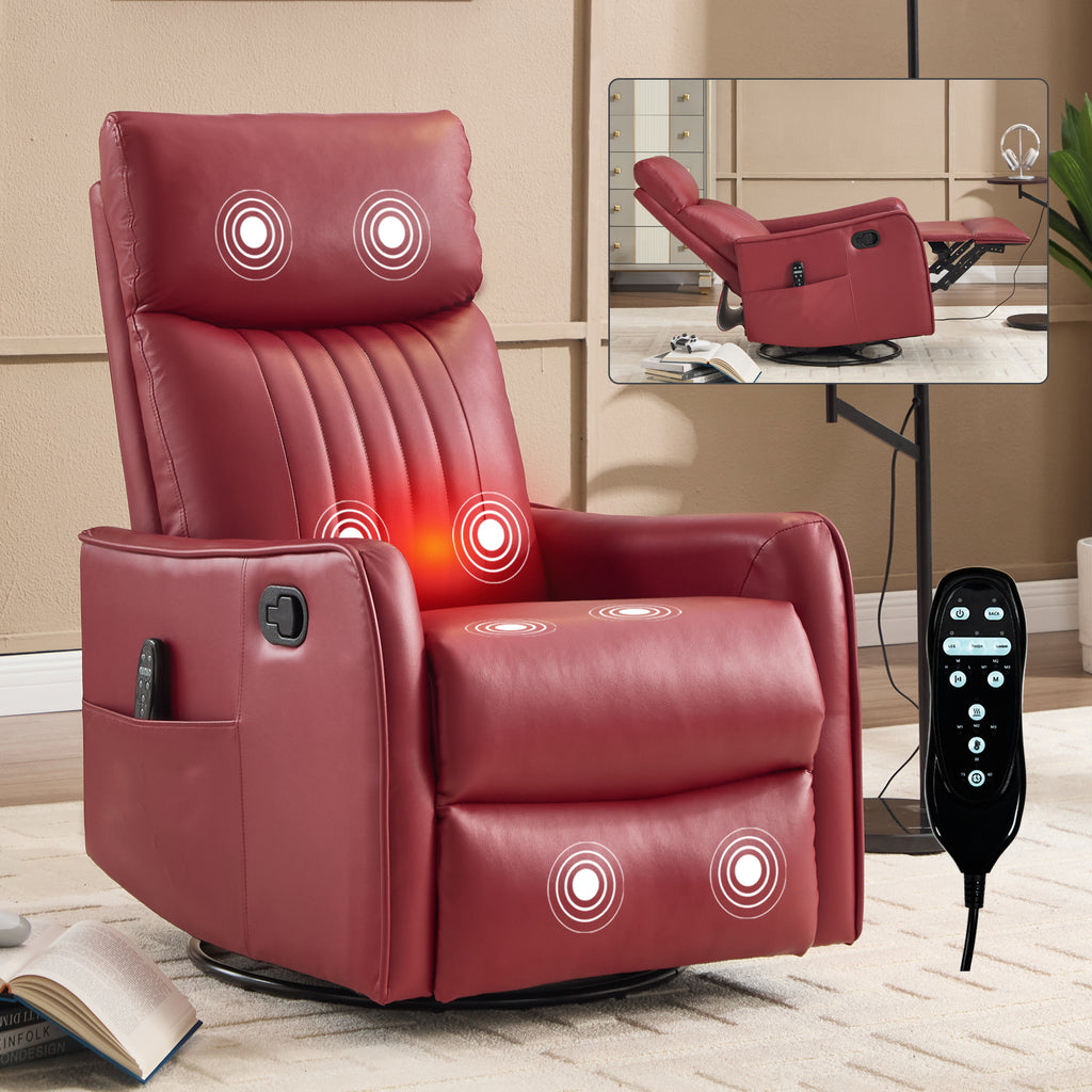 Red Faux Leather Heat Massage Manual Recliner Chair with Rocker and Swivel for - Image 3