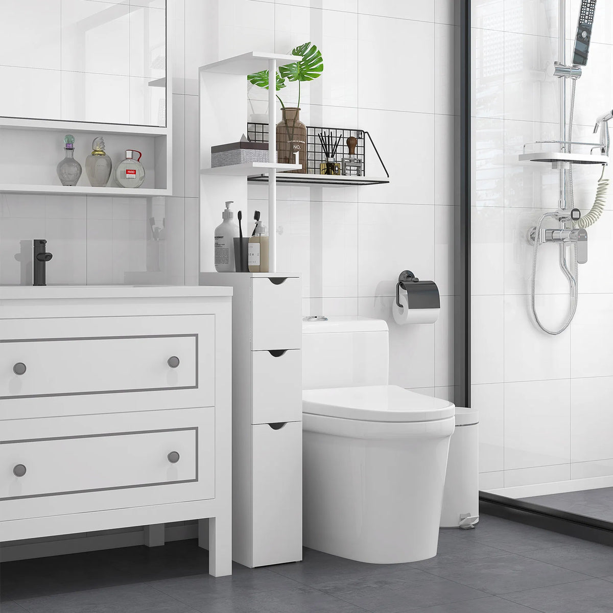 Tall Bathroom Storage Cabinet Narrow Bathroom Cabinet with Drawers and Open - Image 3